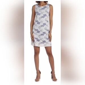 Tiana B, Floral Blue & White Textured Lace Overlay Shift Dress Size 12, EUC